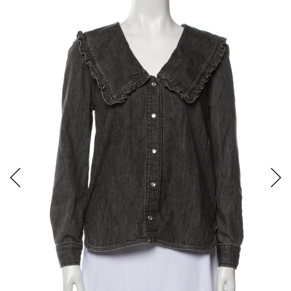 Ganni Black Denim Ruffle Collar Top